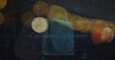 Image of blurred traffic lights over digital padlock with fingerprint and dark Stockfoto's