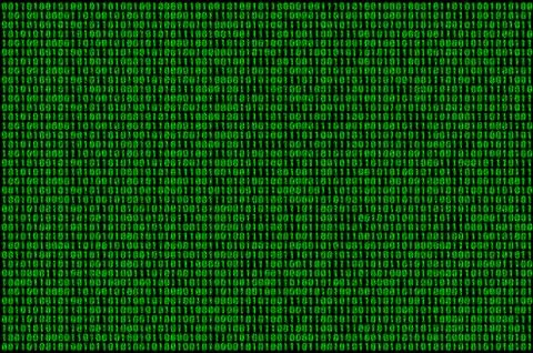 Image of a blurry binary code composed of a set of green numbers on a black b 스톡 사진