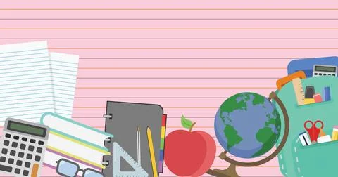 Image of books, globe, stationery, apple and schoolbag over lined pink notebook Stock Illustration