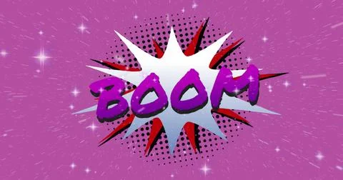 Image of Boom text over comic retro speech bubble with glowing stars on pur.. Stock Photos