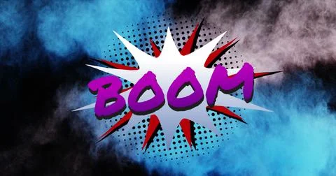 Image of Boom text over comic retro speech bubble with blue and grey cloud .. Stock Photos