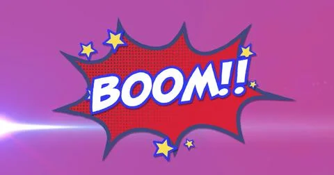 Image of boom text over retro star speech bubble on pink background Illustrazione stock