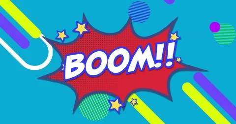 Image of boom text on red explosion with stars and abstract shapes on blue Stock Photos