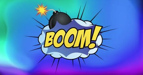 Image of boom text on retro speech bubble and patterned background Stock Illustration