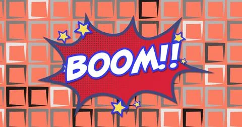 Image of boom text on retro speech bubble over rows of squares on orange ba.. Stock Photos