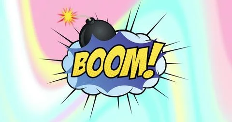 Image of boom text in speech bubble over pastel waving lines Stock Photos