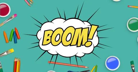 Image of boom text in yellow on explosion over art supplies on blue background Stock Photos