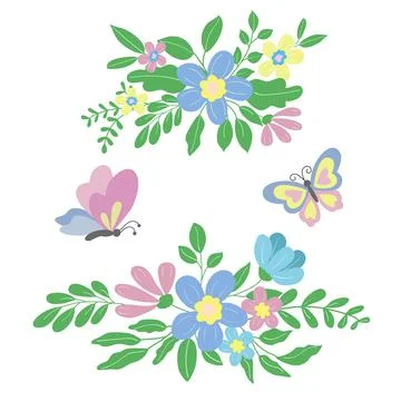 Image of bouquets of delicate blue and pink flowers, leaves and butterflies in Stock Illustration