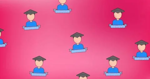 Image of boy wearing graduation hat icons in seamless pattern against pink Stock Illustration