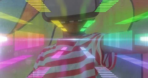 Image of boy wearing vr headset on vibrant neon background Stock Illustration