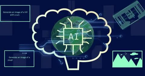 Image of brain with ai and computer circuit board over globe on black background Stock Photos