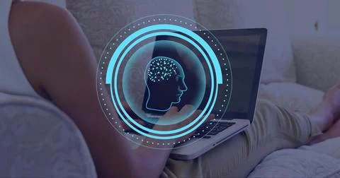 Image of brain and ai data processing over caucasian woman using computer 스톡 사진