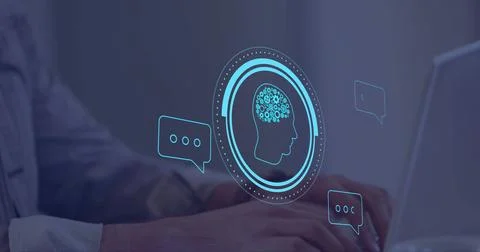Image of brain and ai data processing over caucasian man typing on computer Stock Photos