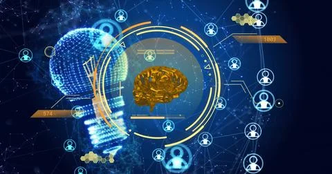 Image of brain and circular scanner over light bulb and network of people icons Stockillustratie