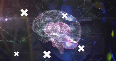 Image of brain and data processing with face drawing over server room Stock Illustration