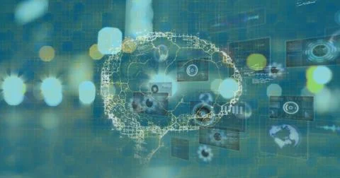 Image of brain and data processing over road Stockillustratie