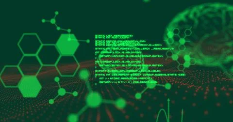 Image of brain and data processing on black background Illustrazione stock