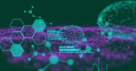 Image of brain and data processing on black background Illustrazione stock