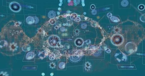 Image of brain and data processing over road Stock Illustration