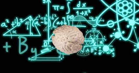Image of brain and scientific data processing over black background Stock Photos