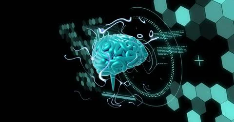 Image of brain and scientific data processing over black background Stock Photos