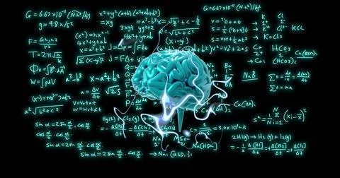 Image of brain and scientific data processing over black background 库存照片