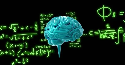 Image of brain and scientific data processing over black background 库存照片