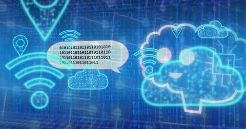 Image of brain binary codes, clouds, wi fi, robot and speech bubbles against Stock Photos