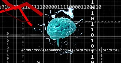 Image of brain, binary coding and digital data processing over black background Stock Illustration