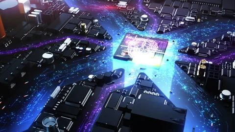 Image of the brain on a chip. computer hardware style city with the effect of Video stock 223159295