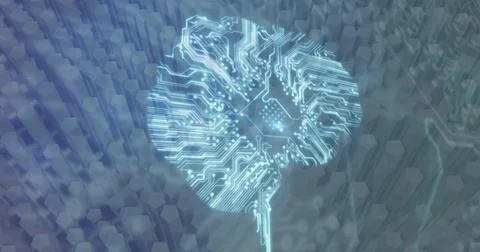 Image of brain with computer circuit board over moving shapes Stock Illustration