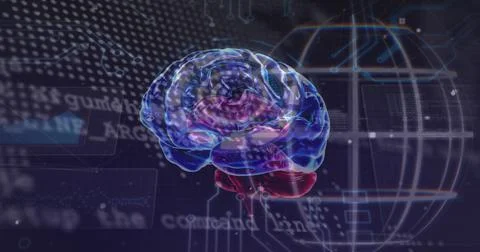 Image of brain, data processing and globe in navy space Stock Illustration