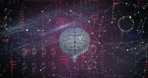 Image of brain, digital data processing and padlock on dark background Stock Illustration