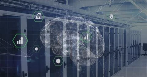 Image of brain, icons and data processing over servers Stock Photos
