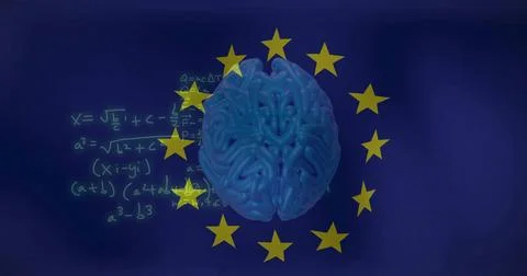 Image of, Brain model and mathematical equations over European Union flag Stock Illustration