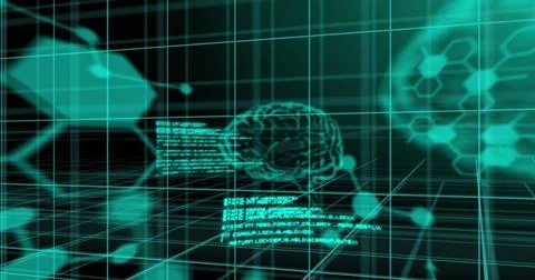 Image of brain, molecular strauctures and layers of data processing over 3d grid Illustrazione stock