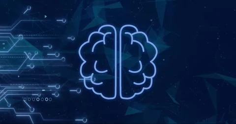 Image of brain over computer circuit board and network of connections on black 库存插图