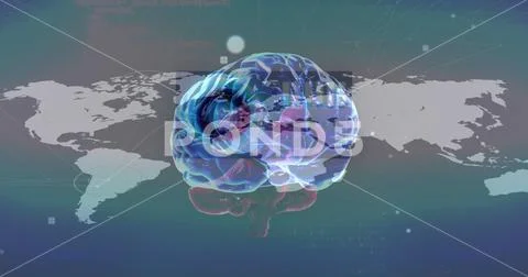 Image of brain rotating over world map and screens with diverse data ...