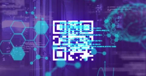 Image of brain, scientific data and qr code over servers 스톡 일러스트