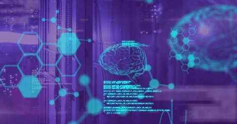 Image of brain, scientific data and qr code over servers Stock Illustration