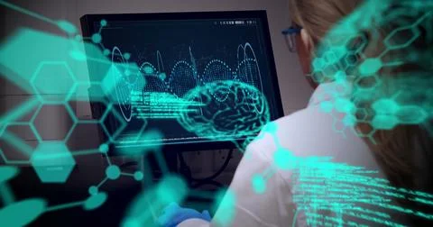Image of brains, computer language, caucasian female scientist analyzing dna Stock Photos