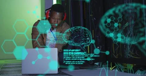 Image of brains, molecule structures, computer language, african american man 스톡 일러스트