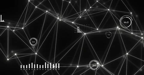 Image of bright white network and data processing over distant network on black Stock Illustration