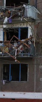 Image of broken windows, damage to the interior of a residential building a.. Stock Photos