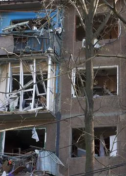 Image of broken windows, damage to the interior of a residential building a.. Foto stock
