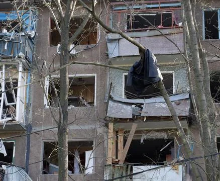 Image of broken windows, damage to the interior of a residential building a.. Stock-Fotos