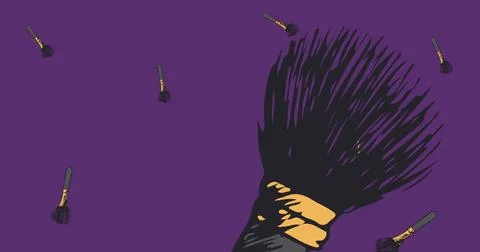 Image of brush icons falling on purple background Stock Illustration