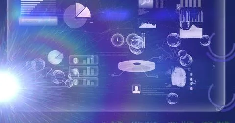 Image of bubbles and light over scientific graph and data 스톡 일러스트