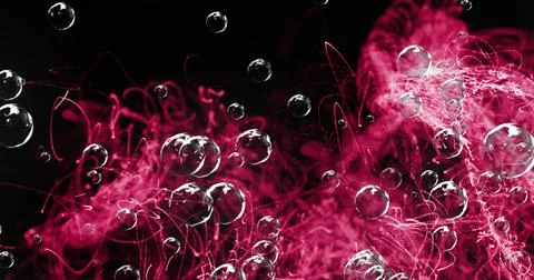 Image of bubbles moving over red shapes on black background Stock Illustration