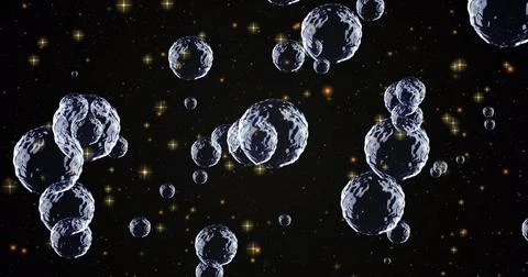 Image of bubbles, yellow particles and shining stars against black background Stock Photos